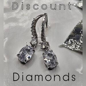 Oval Cut Clear / White Diamond Earrings with Baguette Diamonds 925 Silver